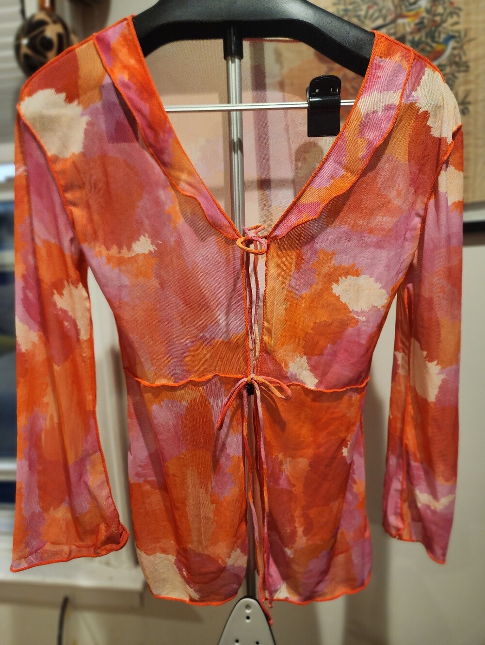 Sheer Tie-Front Cover Up  Blouse in Pink & Orange Watercolor